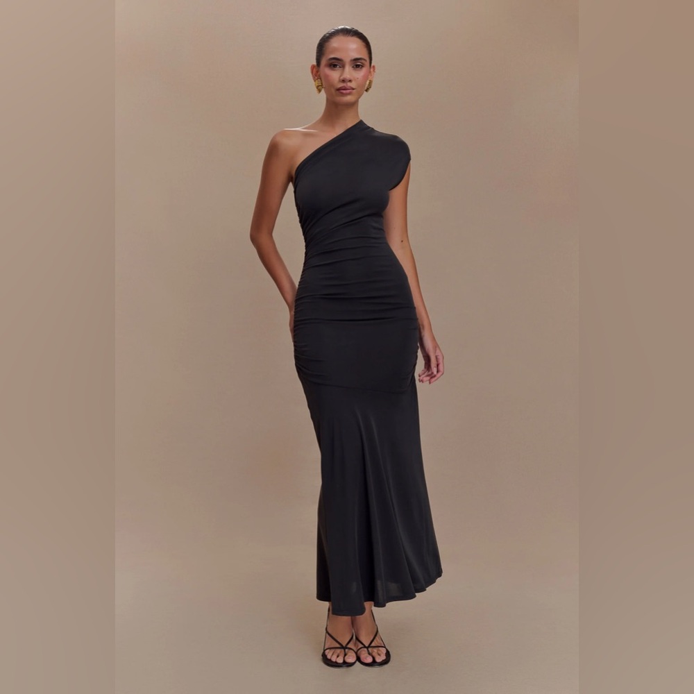 Meshki Black One-Shoulder Ruched Maxi Dress